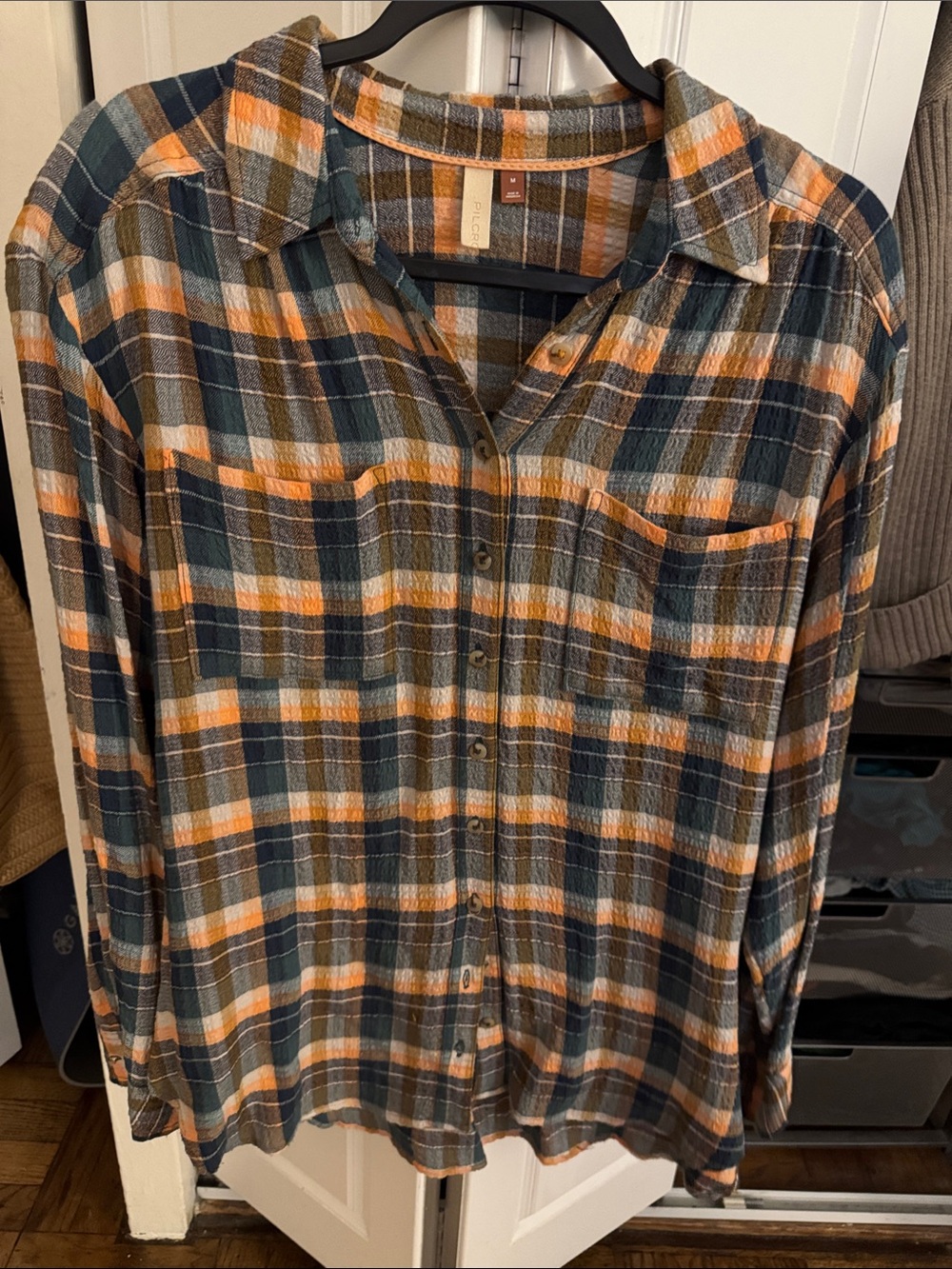 Pilcro Plaid Button-Down Shirt in Orange, Green, Gray